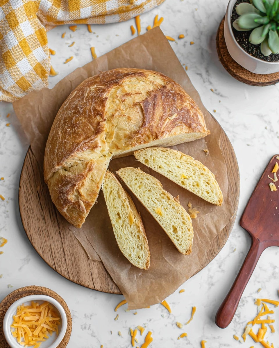 A round loaf of bread with a golden-brown crust sits on a wooden board lined with brown paper, partially sliced into five pieces. The bread's inside is light yellow with a soft, airy texture and small bits of cheese visible within the slices. The crust looks crispy and slightly cracked. Around the board, there are scattered orange cheese shreds on a white marbled surface, a small white bowl on a wooden coaster with a checkered yellow and white cloth nearby, and a green potted plant toward the top right. A brown spatula with a wooden handle also sits on the surface. photo taken with an iphone --ar 4:5 --v 7