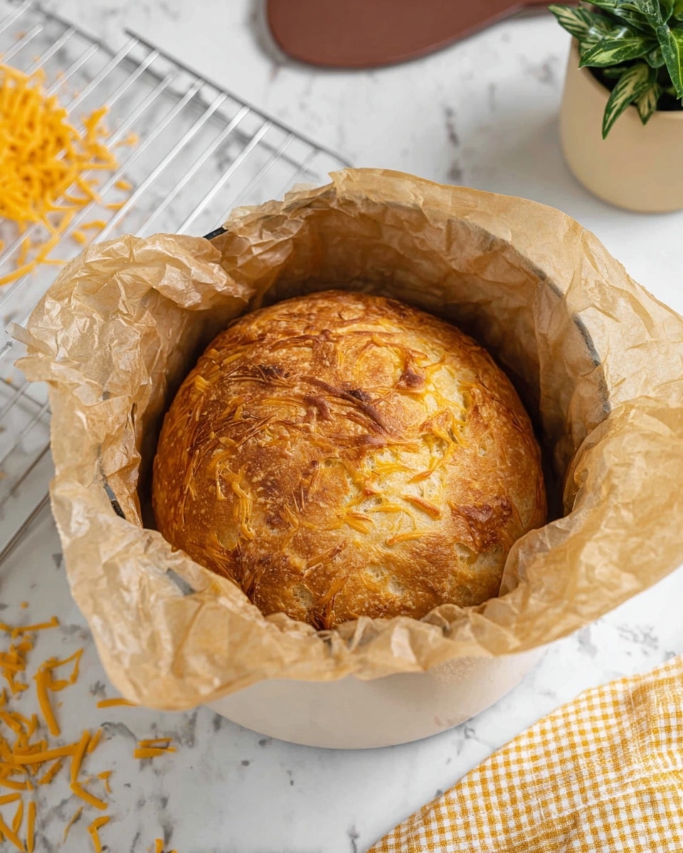 A golden-brown round loaf of bread with a crispy, textured crust sits in a white pot lined with crinkled light brown parchment paper that wraps around the sides. The bread has a slightly uneven surface with hints of melted cheese baked into the top layer. The pot rests on a white marbled surface scattered lightly with shredded orange cheese, with a white metal cooling rack peeking in from the bottom left. To the top right is a brown spatula, and a small green plant in a beige pot adds a touch of color in the corner. A yellow and white checkered cloth is partly visible at the bottom right. photo taken with an iphone --ar 4:5 --v 7
