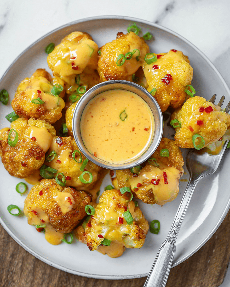 A white plate holds about ten golden, crispy cauliflower bites, each coated with a smooth, orange-yellow sauce that has small red bits, and topped with thin, bright green onion slices. In the center of the plate is a small silver cup filled with the same creamy sauce. A silver fork lies on the right side of the plate, resting on a single cauliflower bite with sauce and green onion on top. The background is a white marbled texture. Photo taken with an iphone --ar 4:5 --v 7