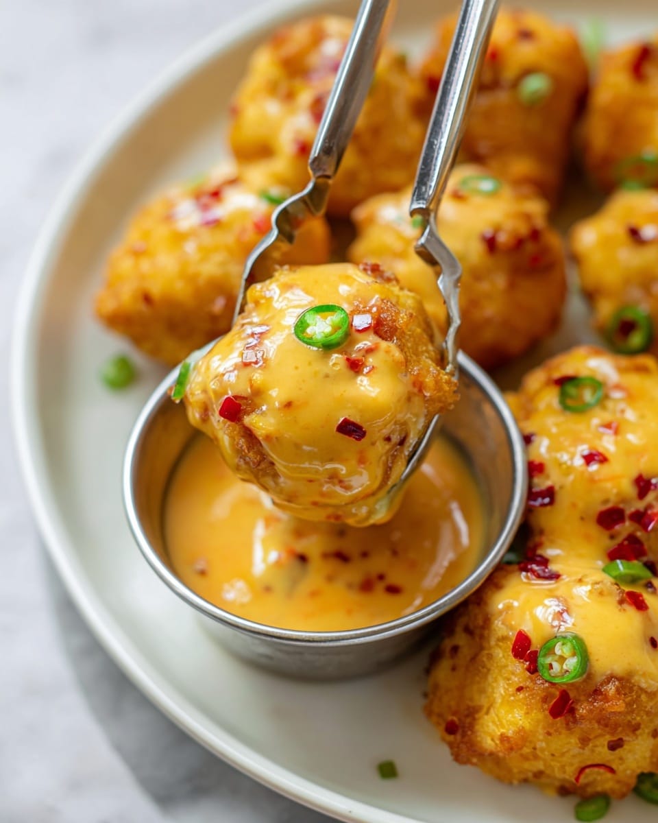 The image shows small golden-brown battered balls covered with a thick, creamy orange sauce speckled with red chili flakes and garnished with small green chili slices on each ball. One ball is held by silver tongs dipping into a small round metal container of the same sauce, with more balls arranged on a large white plate beneath it, resting on a white marbled surface. The sauce looks glossy and smooth, creating a rich contrast to the crunchy texture of the battered balls. photo taken with an iphone --ar 4:5 --v 7