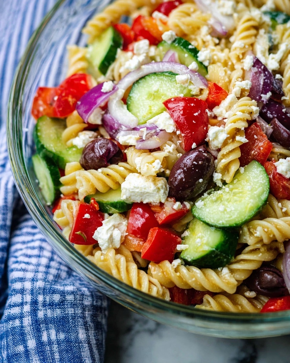 A close-up view of a fresh pasta salad in a clear glass bowl placed on a white marbled surface with a blue striped cloth nearby. The salad shows three main layers: the base layer has light golden twisted rotini pasta with a smooth, slightly shiny texture; the middle layer includes slices of bright green cucumber, halved red cherry tomatoes, and cubes of red bell pepper, all fresh and vivid; the top layer consists of creamy white feta cheese chunks and dark purple Kalamata olives, scattered evenly. Thin slices of purple onion add a slight texture and color contrast mixed throughout the layers. The ingredients appear well-coated with a light dressing that adds a subtle gloss. photo taken with an iphone --ar 4:5 --v 7