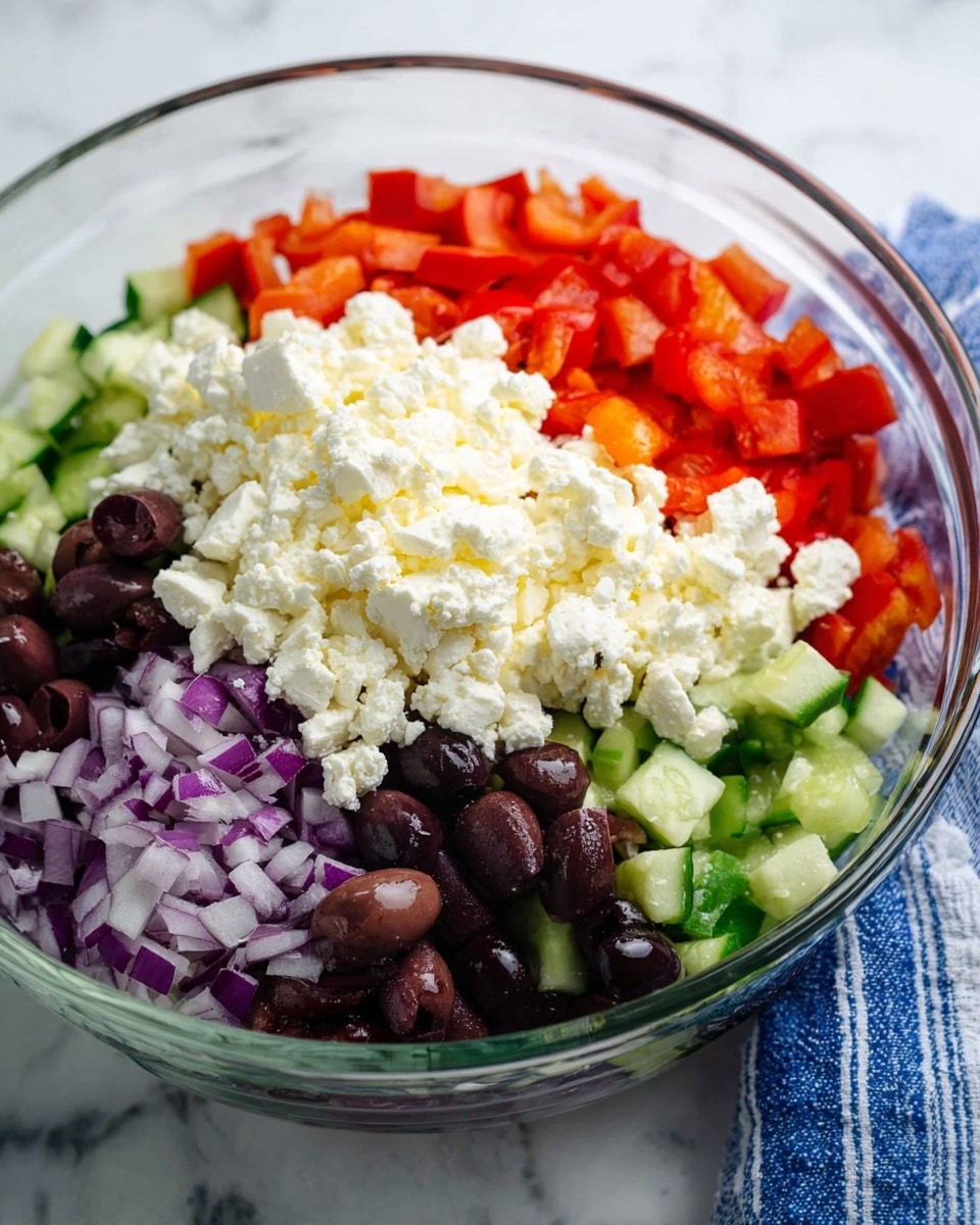 A clear glass bowl filled with a fresh salad sits on a white marbled surface, beside a blue and white striped cloth. The salad has five visible layers: at the bottom, there are chopped green cucumbers, followed by dark purple olives above them. Next to the olives are bright red chopped bell peppers and shredded purple onions. On top, there is a generous layer of crumbly, white feta cheese covering the vegetables partially. The colors are vibrant, and the textures range from soft cheese to crunchy vegetables. Photo taken with an iphone --ar 4:5 --v 7
