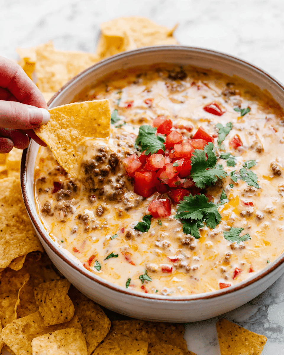 A bowl filled with creamy, thick cheesy dip that has visible chunks of browned ground beef and small pieces of red tomatoes mixed throughout. In the center of the bowl, there is a small pile of fresh, bright red tomato chunks topped with a few green cilantro leaves. A woman's hand is dipping a large triangular light yellow tortilla chip covered partially in the cheesy dip into the bowl. The bowl is white with a brown rim, placed on a white marbled surface with more tortilla chips scattered around it. Photo taken with an iphone --ar 4:5 --v 7