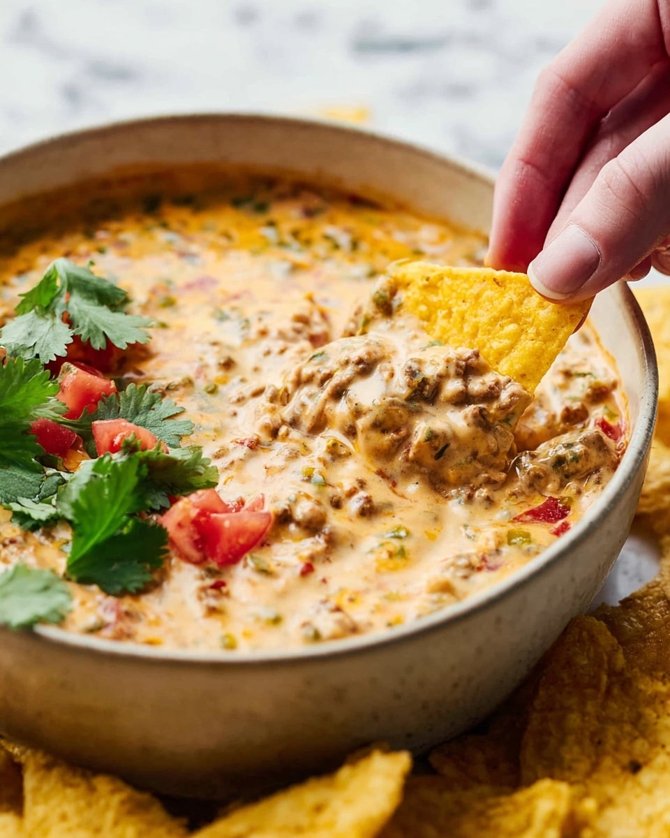 A close-up view of a beige bowl filled with creamy, chunky cheese dip mixed with bits of ground meat and small pieces of red and green chilies spread evenly in the dip. On the left side of the bowl, there are a few bright green cilantro leaves and small chunks of fresh red tomatoes adding color contrast. A woman's hand is dipping a triangular yellow corn chip coated partly with thick cheesy dip into the bowl. The scene is set on a white marbled surface with some scattered yellow corn chips around the bowl. Photo taken with an iphone --ar 4:5 --v 7
