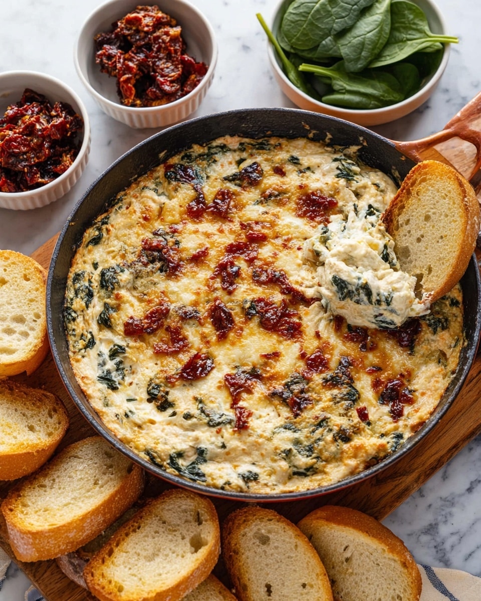 A skillet filled with a creamy layered dip that has a golden brown top with melted cheese spots, dark green spinach leaves mixed throughout, and bits of red sun-dried tomatoes spread unevenly. The texture looks cheesy and slightly crispy on top, creamy and soft below. A toasted slice of light golden bread is partially dipped into the dip, showing the soft filling around it. The skillet is placed on a white marbled surface with scattered pieces of similar toasted bread around it. photo taken with an iphone --ar 4:5 --v 7