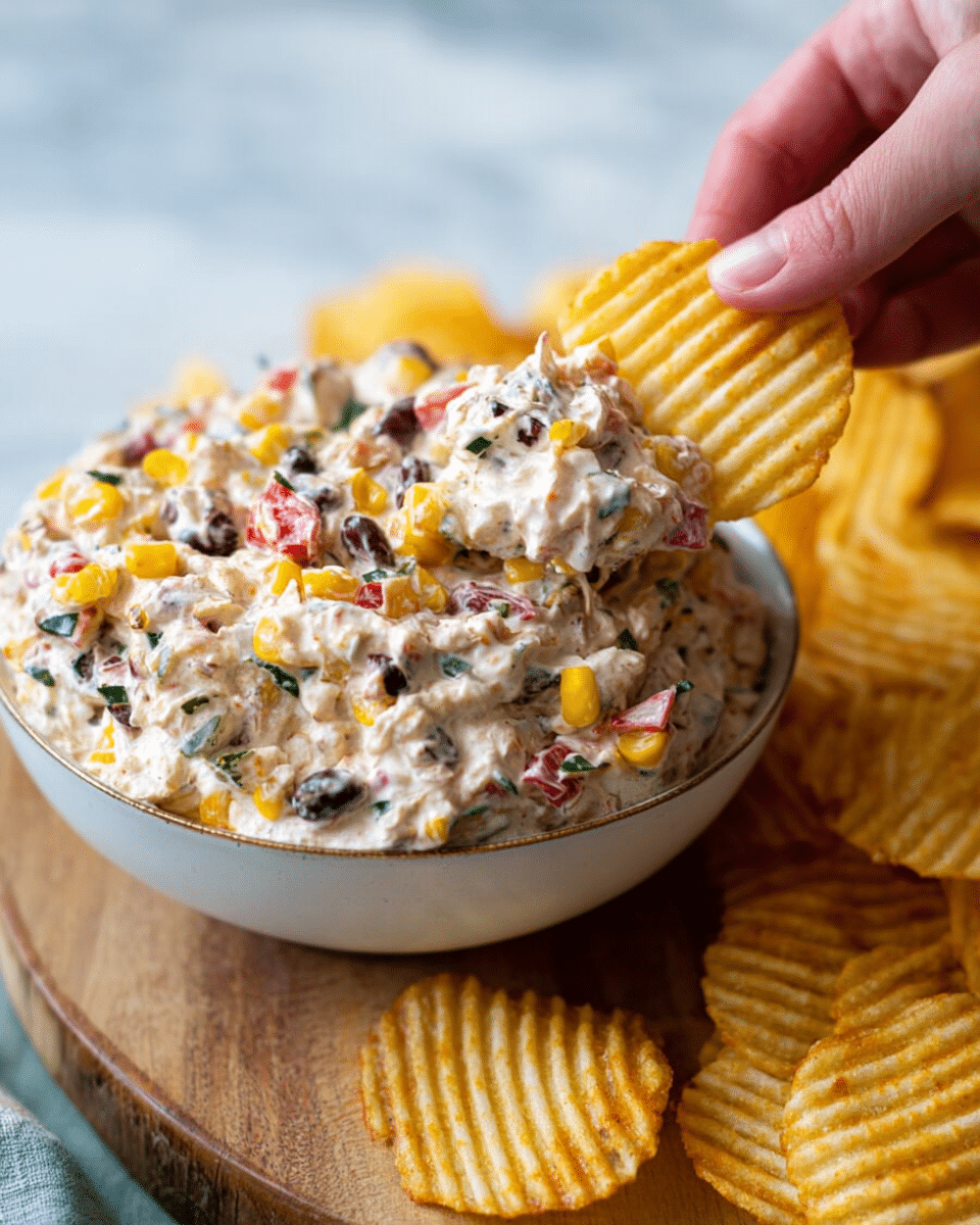 A close-up image shows a woman's hand holding a ridged potato chip dipped in a creamy dip with visible pieces of yellow corn, red pepper, black beans, and green herbs. The dip is thick and white with colorful bits mixed throughout, sitting in a deep white bowl on a wooden board. Around the bowl, there are more ridged potato chips placed casually on a white marbled surface. The focus is on the chip being dipped, highlighting the chunky texture of the dip. photo taken with an iphone --ar 4:5 --v 7