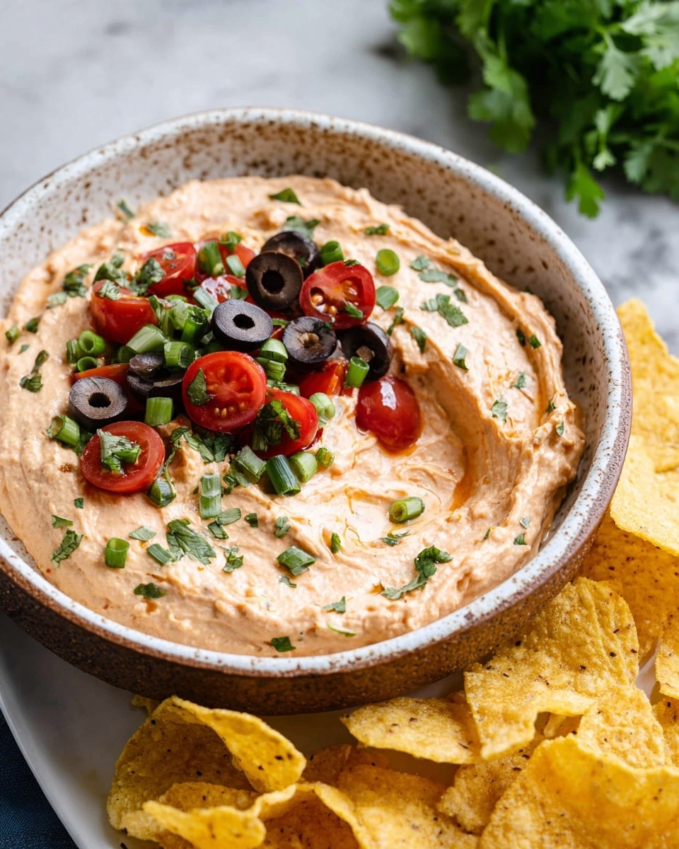 A close-up view of a white speckled bowl filled with creamy, light orange dip that has a smooth texture with small air swirls. On top of the dip, there are scattered small chopped red tomatoes, sliced black olives, and green chopped herbs, adding bright red, black, and green colors. A single yellow tortilla chip is dipped slightly into the dip near the center. Around the bowl, more yellow tortilla chips are partially visible on a white marbled surface. photo taken with an iphone --ar 4:5 --v 7