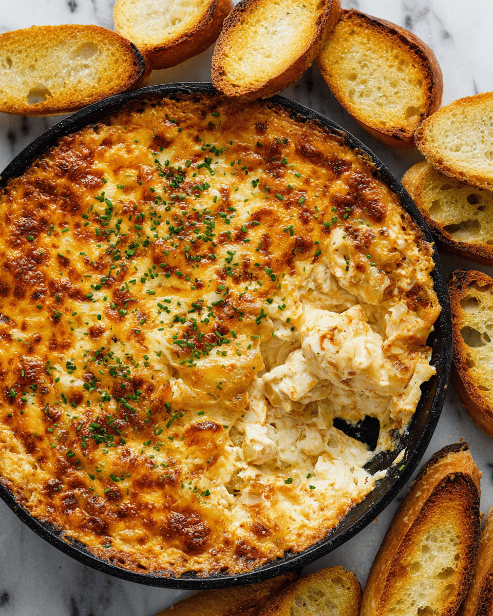 A round black skillet holds a thick, golden-brown baked cheese dip with a bubbly, slightly crispy top layer sprinkled with finely chopped green herbs. Underneath the cheesy surface are chunks of soft cooked onions mixed within the creamy dip, which is slightly scooped out on one side, showing its smooth, textured inside with toasted pieces of bread partially dipped in it. Around the skillet, several toasted slices of light golden-brown bread are placed on a white marbled surface, some leaning against the pan. The overall look is warm and inviting, with a mix of melted cheese, soft onions, and crunchy toasts. Photo taken with an iphone --ar 4:5 --v 7