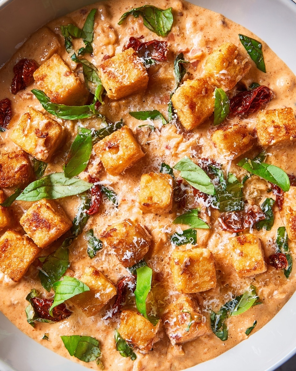 The image shows a white pan filled with golden-brown fried tofu cubes covered in a thick, creamy light pink sauce. The sauce has a smooth texture and small bits of red, possibly sun-dried tomatoes, scattered throughout. The tofu pieces are evenly coated and slightly crispy on the edges. Fresh green basil leaves are placed on top, adding a pop of bright color. Some grated cheese is sprinkled lightly across the dish. A wooden spoon is scooping up a portion of tofu with sauce from the right side of the pan. The white marbled surface beneath the pan adds a clean, bright background. Photo taken with an iphone --ar 4:5 --v 7
