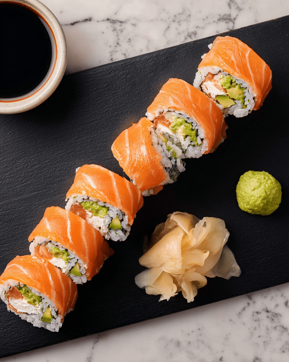The image shows seven pieces of sushi rolls arranged in a row on a black rectangular serving board. Each sushi piece has three layers: a bright orange layer of fresh salmon on the outside, a thick layer of white rice beneath it, and an inner filling made of light beige cream, small green avocado slices, and dark nori seaweed. On the board near the sushi are two small piles: one is light beige pickled ginger with a soft, translucent texture, and the other is bright green wasabi paste with a slightly grainy surface. In the top left corner, a round white bowl filled with dark soy sauce is partially visible. The background is a white marbled texture. photo taken with an iphone --ar 4:5 --v 7