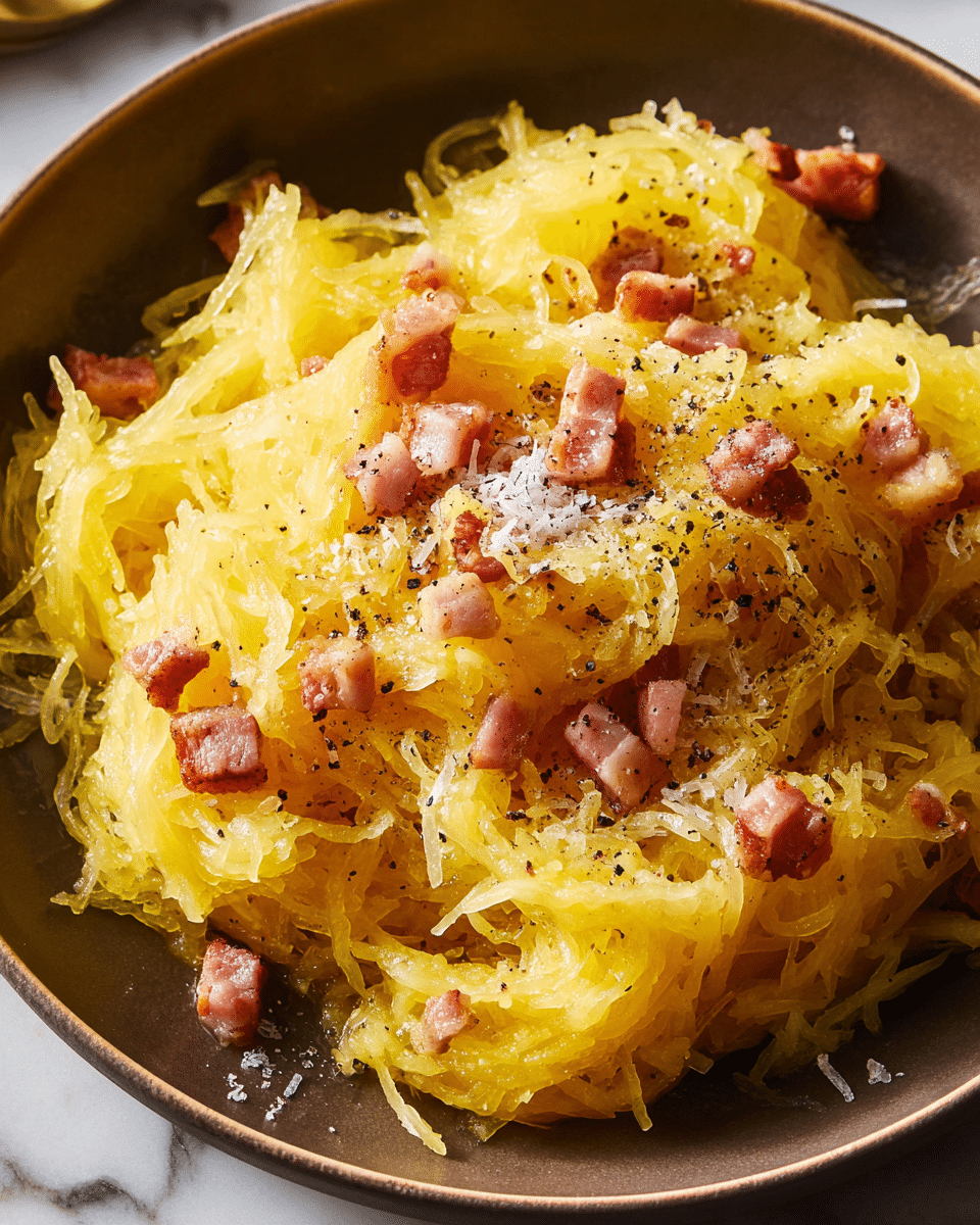 A close-up view of a dark brown round plate filled with spaghetti squash strands that are soft and yellow in color, arranged loosely in layers. Small cubes of browned bacon are scattered over the top, along with light shreds of white cheese and a sprinkling of black pepper. The glossy strands appear juicy with a slightly melted texture. The plate rests on a white marbled surface. photo taken with an iphone --ar 4:5 --v 7