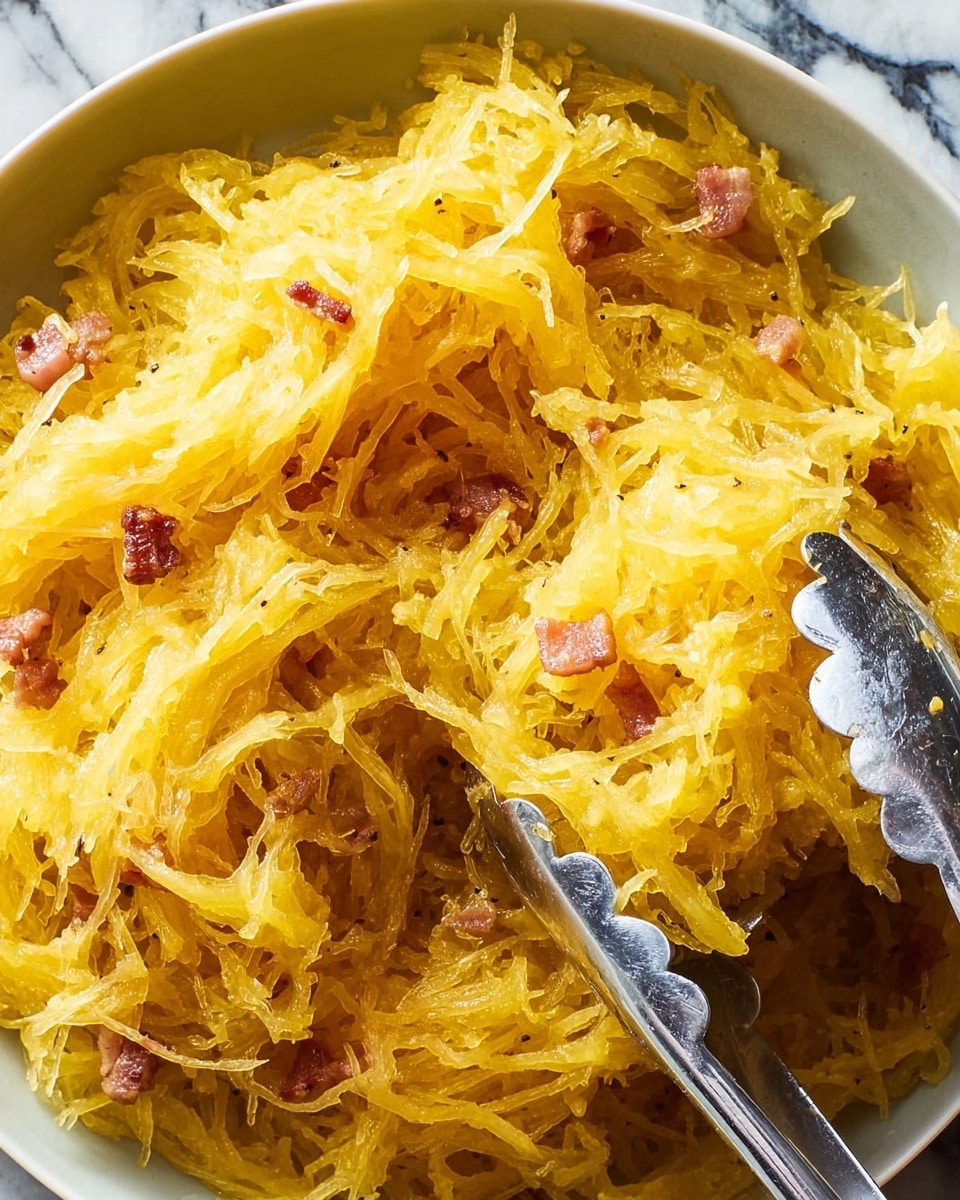 The image shows a close-up of cooked spaghetti squash in a white plate, with strands of tender, yellowish-orange squash tangled together in multiple layers, creating a slightly glossy and moist texture. Small pieces of cooked bacon are scattered unevenly throughout the squash, adding tiny brownish-red spots of color. A pair of shiny metal tongs hold a portion of the squash at the center right side of the plate. The background features a white marbled texture. Photo taken with an iphone --ar 4:5 --v 7