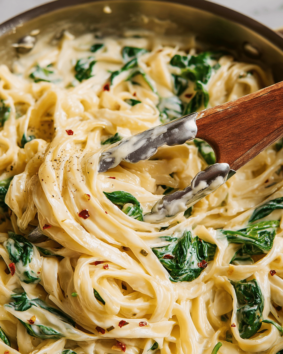 A close-up of creamy fettuccine pasta coated in a smooth white sauce mixed with bright green spinach leaves. The pasta is thick and flat, twisted around wooden tongs with silver handles, showing the rich texture of the sauce clinging to the noodles. Small red chili flakes are scattered evenly throughout the dish, adding a splash of color. The background features a white marbled texture, enhancing the fresh and creamy look of the pasta. photo taken with an iphone --ar 4:5 --v 7
