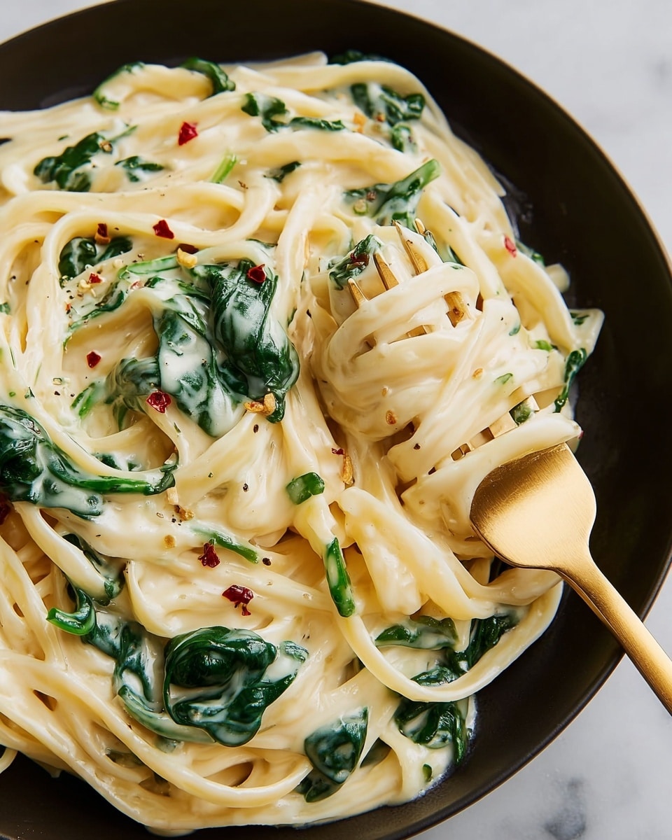The image shows a close-up of creamy pasta in a white plate. The pasta is long, flat, and smooth, coated in a thick pale yellow cream sauce. Mixed in are bright green spinach leaves, soft and wilted, scattered evenly throughout the pasta. Small red chili flakes are sprinkled on top, adding tiny pops of color across the dish. A golden fork is twirling the pasta on the right side of the plate, with some noodles wrapped neatly around its prongs. The plate rests on a white marbled surface. Photo taken with an iphone --ar 4:5 --v 7