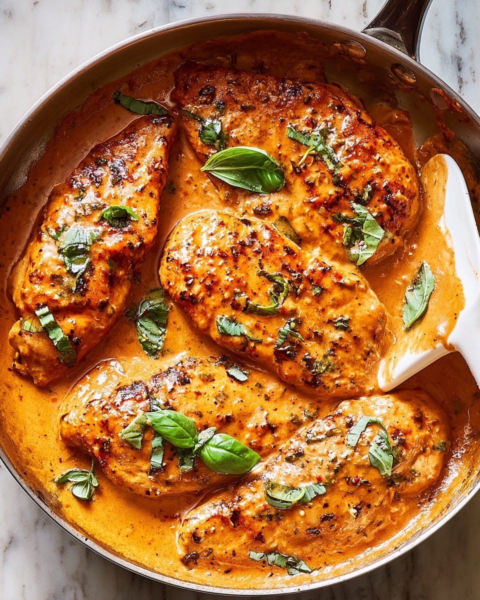 The image shows a close-up of four cooked chicken breasts in a skillet, covered in a thick, creamy, orange-colored sauce. The sauce has a smooth texture with visible bits of herbs and spices, and fresh green basil leaves are scattered on top of the chicken, adding a pop of color. The chicken pieces are browned, with some charred marks visible underneath the sauce. A white spatula is partially lifting one chicken breast from the skillet. The skillet sits on a white marbled texture surface. photo taken with an iphone --ar 4:5 --v 7