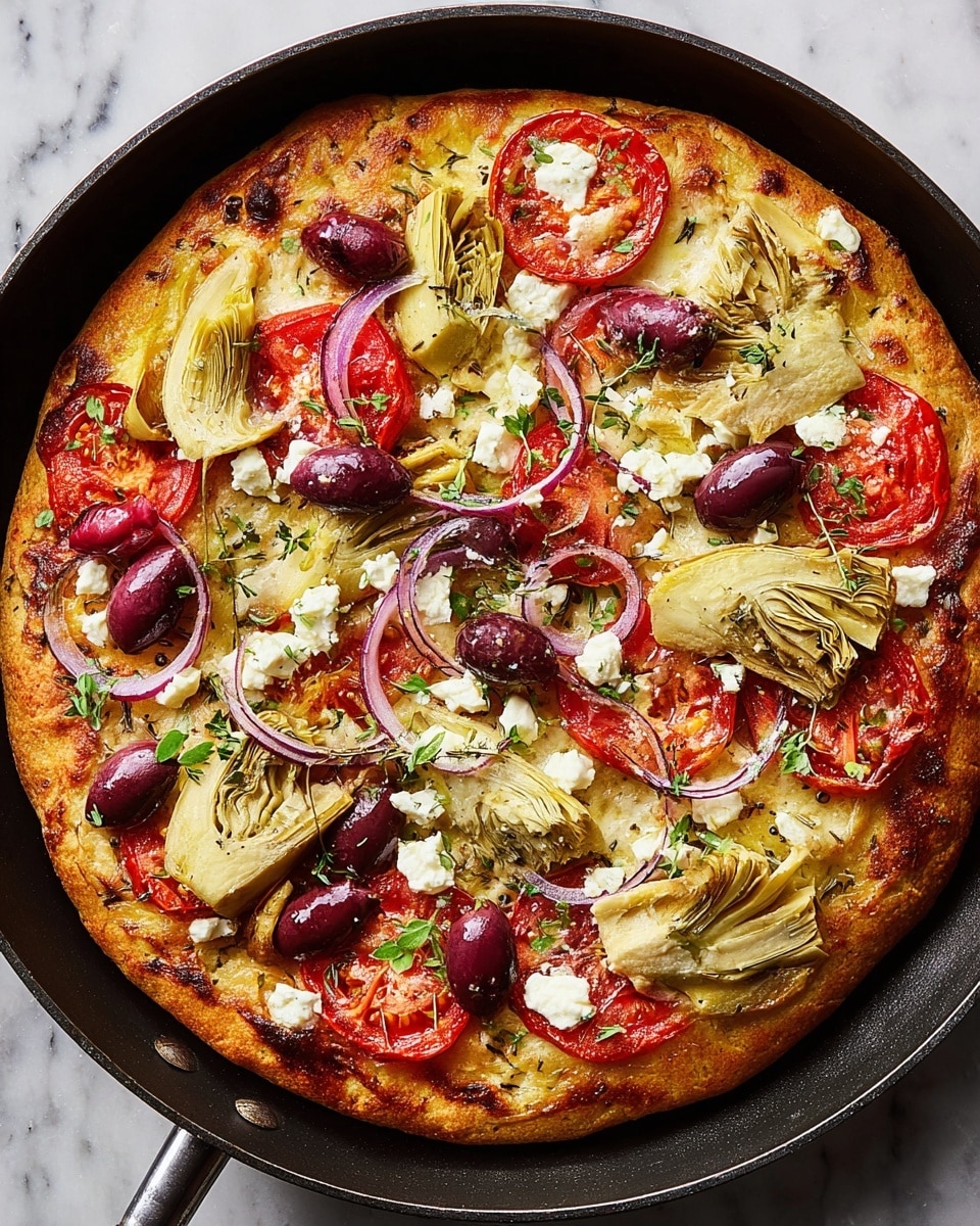 A round pizza with a golden-brown thick crust sits in a black pan on a white marbled textured surface. The first layer is a golden-brown crust, topped with thinly sliced red tomatoes evenly spread across. On top of the tomatoes are scattered pieces of roasted artichoke in a pale yellow color and thin slices of cooked red onion with translucent purple tones. Dark purple olives, some whole and some halved, are spread all over the pizza. Small chunks of white feta cheese are sprinkled unevenly, and fresh green oregano leaves are scattered across, adding color and freshness. photo taken with an iphone --ar 4:5 --v 7