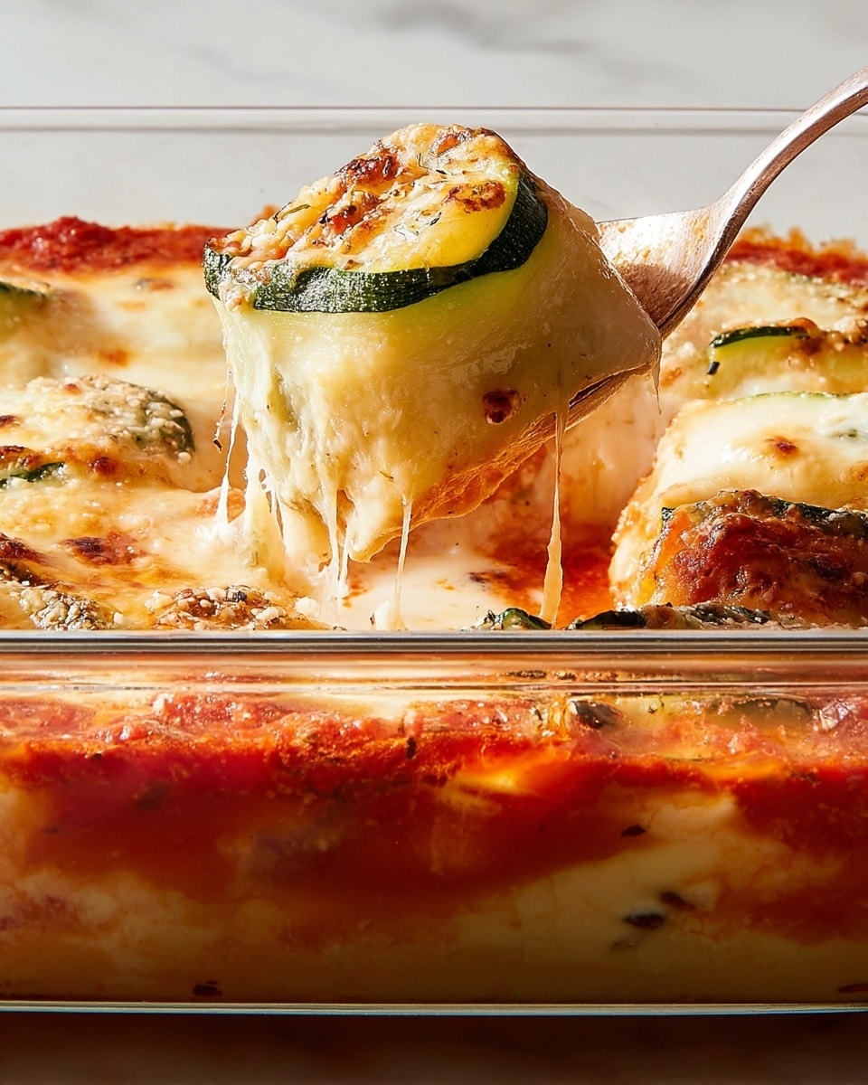 A clear glass baking dish filled with a cheesy baked zucchini roll dish. The dish has several layers: at the bottom, a thick layer of red tomato sauce with herbs and spices; above it, rolled zucchini slices wrapped around creamy white cheese, with a smooth, slightly browned melted cheese topping. The cheese on top is bubbly and golden with some browned spots, and there are visible green zucchini edges curling from the rolls. A silver spoon lifts one zucchini roll, showing stringy melted cheese stretching from the dish. The whole scene is set on a white marbled surface. Photo taken with an iphone --ar 4:5 --v 7