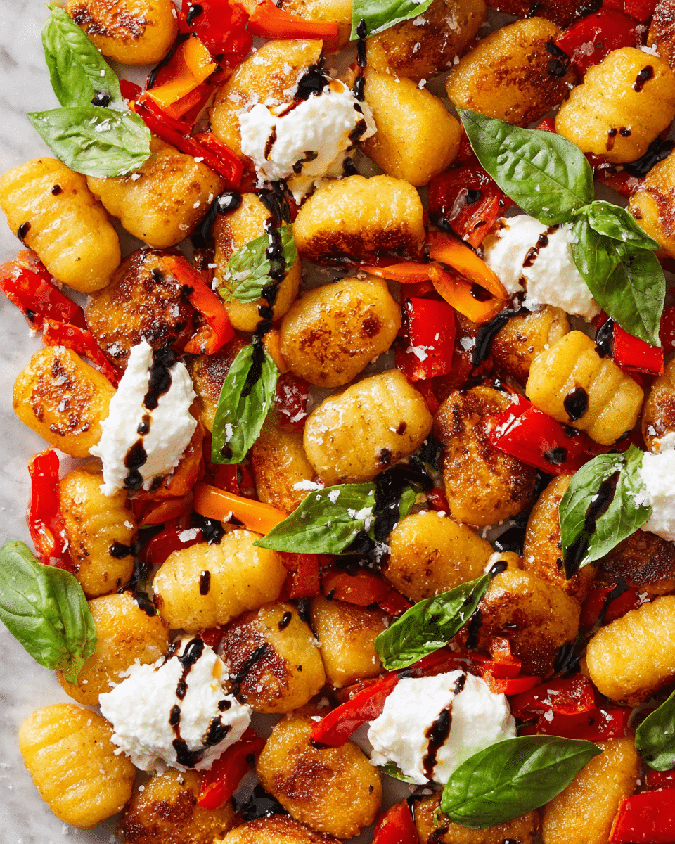 The image shows a rectangular silver baking tray filled with golden browned gnocchi as the first layer, mixed with chunks of roasted red and orange bell peppers that add bright red and orange colors. On top of this is scattered fresh green basil leaves, adding a bright leafy texture. Dollops of creamy white cheese are placed evenly across the dish, some drizzled with dark balsamic glaze lines for contrast. The tray rests partially on a white marbled surface with a few gnocchi pieces spilled around. photo taken with an iphone --ar 4:5 --v 7