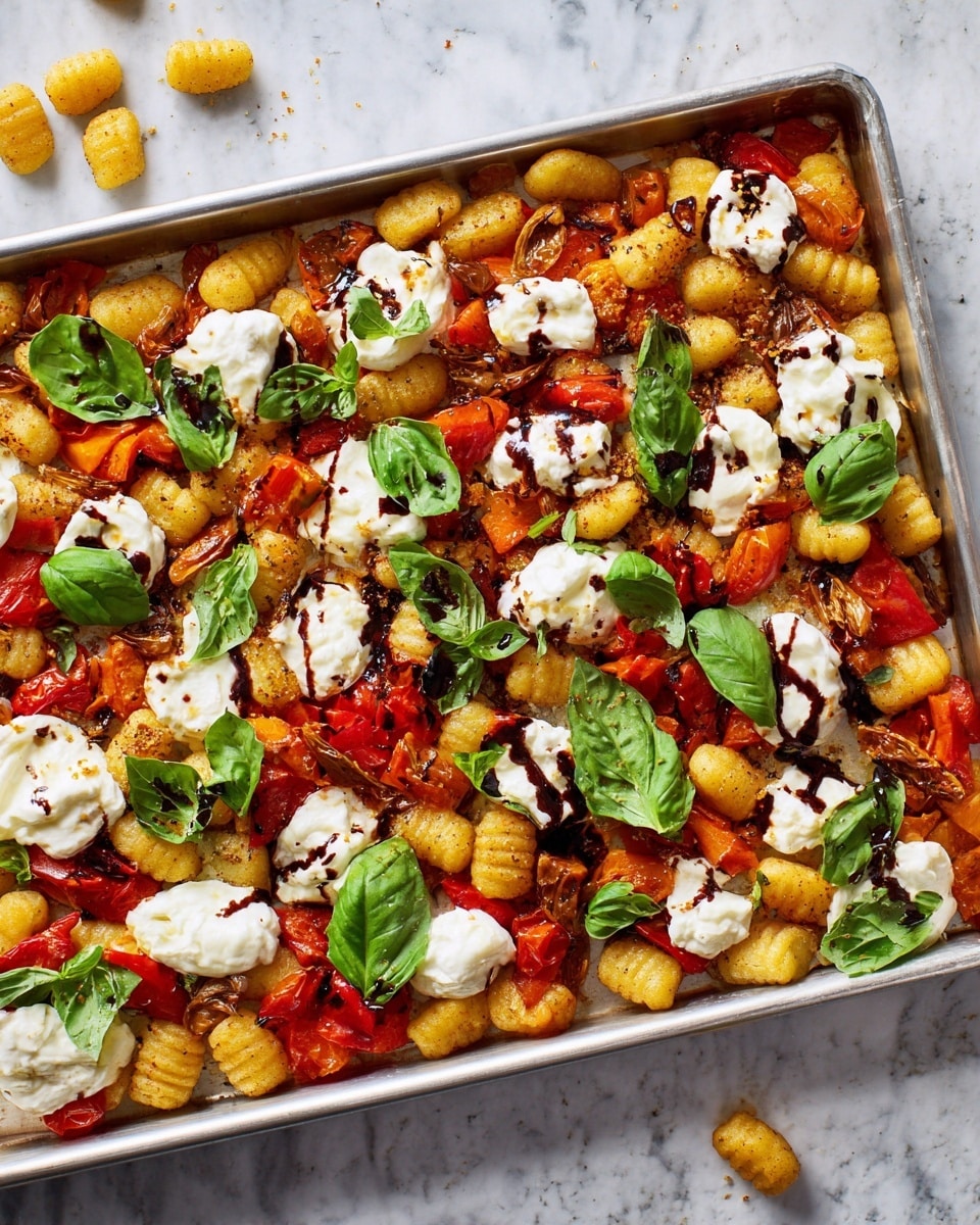 This image shows a close-up of golden-brown gnocchi with a slightly crispy texture, mixed with roasted red bell pepper pieces that add vibrant red and orange tones. Scattered across the dish are fresh green basil leaves, adding a bright, leafy texture. Small dollops of white creamy cheese sit on some gnocchi pieces, topped with thin, dark balsamic glaze drizzles creating contrast. The dish is layered on a white marbled surface, emphasizing the colorful ingredients. photo taken with an iphone --ar 4:5 --v 7