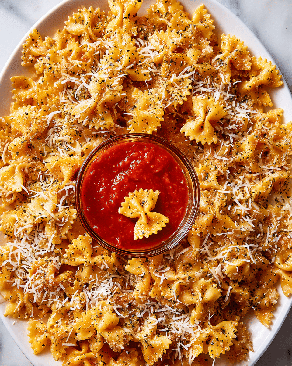 A large white plate filled with golden brown crispy bowtie chips sprinkled with some grated white cheese and black pepper. In the center of the plate, there is a small round clear bowl filled with thick bright red marinara sauce, and one chip is resting on the edge of the bowl partially dipped in the sauce. The white plate sits on a white marbled surface. photo taken with an iphone --ar 4:5 --v 7