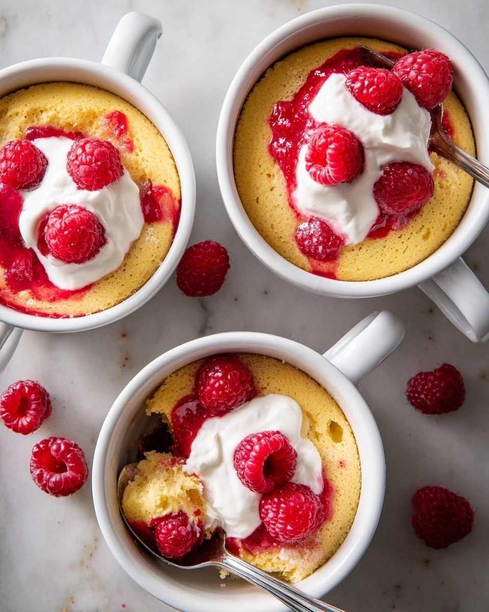 Three white cups on a white marbled surface each hold a single-layer golden yellow cake. On top of each cake, there is a dollop of white cream surrounded by bright red raspberry sauce with fresh whole raspberries arranged on the cream and sauce. The cup on the left has a spoon inside scooping some cake, cream, and raspberries. Scattered fresh raspberries are also visible on the surface near the cups. A spoon is placed near the top right cup handle. Photo taken with an iphone --ar 4:5 --v 7