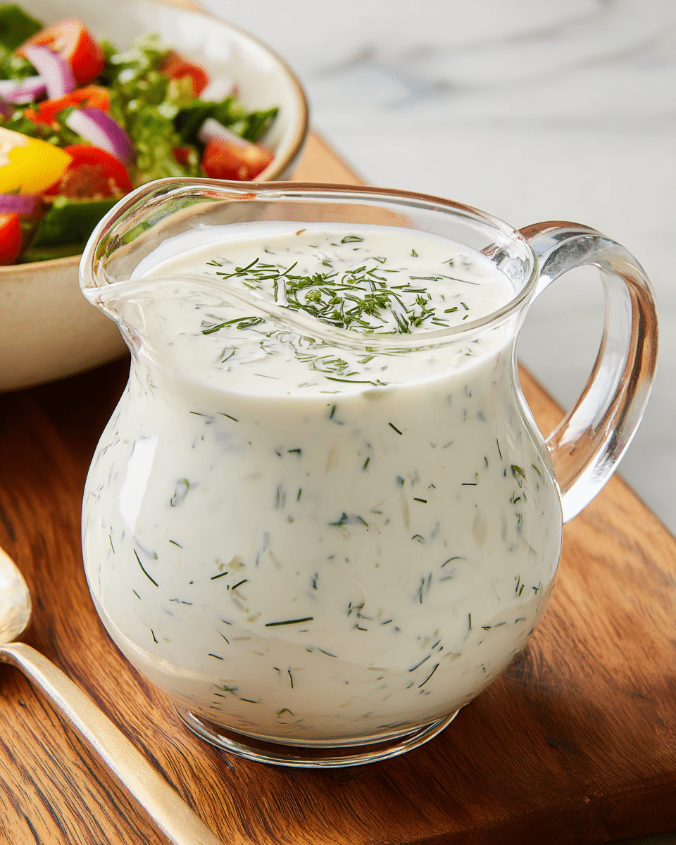A clear glass pitcher filled with white creamy dressing mixed with small green herb pieces, mostly chives and dill, spread evenly throughout the dressing. The top surface is smooth with a sprinkling of finely chopped green herbs. The pitcher has a handle on the right side and a spout on the left. It is placed on a wooden board with a blurred white marbled background and a light-colored bowl of colorful fresh salad in the back left. photo taken with an iphone --ar 4:5 --v 7