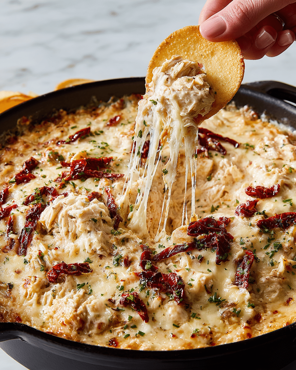 A black skillet filled with a creamy, baked dip that has a golden layer of melted, stretchy cheese on top, speckled with small bits of green herbs and dark red sun-dried tomato strips. The creamy base beneath the cheese is light beige and smooth, mixed with chunks of chicken. A woman's hand is lifting some of the dip with a golden toasted round chip, pulling long, gooey cheese strands upward. The dish sits on a white marbled surface. photo taken with an iphone --ar 4:5 --v 7