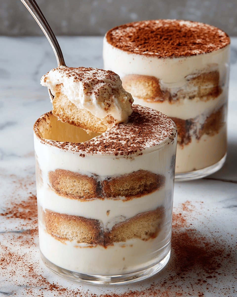 Three clear glass cups filled with layered tiramisu are shown on a white marbled surface. Each cup has four layers of light brown soaked ladyfingers alternating with four layers of thick white creamy mascarpone. The top layer is covered with a fine dusting of dark brown cocoa powder. The cup in the front has a spoon inside it, scooping some cream and cocoa powder, showing a smooth and fluffy texture. Cocoa powder is also scattered lightly around the cups on the surface. photo taken with an iphone --ar 4:5 --v 7