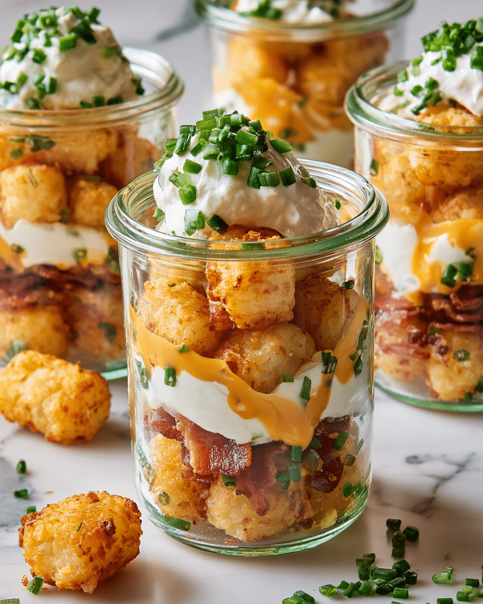 The image shows clear glass jars filled with several layers of food. At the bottom, there are crispy golden-brown tater tots mixed with pieces of cooked bacon, topped with white dollops of sour cream and sprinkled with bright green chopped chives. Above this, there is a smooth orange cheese sauce layer, followed by another layer of crispy tater tots and bacon. On the very top, there is a generous dollop of sour cream with more chopped chives scattered on it. The jars sit on a white marbled surface with a few chopped chives and a lone tater tot nearby. Photo taken with an iphone --ar 4:5 --v 7
