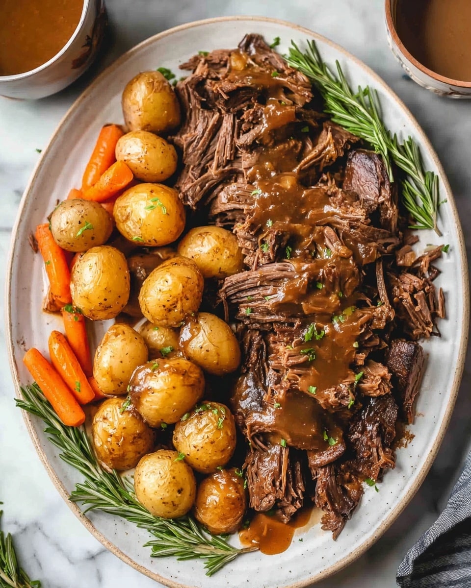 A white roasting pan filled with a cooked brown beef roast in the center, surrounded by several light brown small whole and halved potatoes, and orange carrot pieces cut into irregular chunks. A sprig of green rosemary lies across the middle of the beef, with visible seasoning of black pepper sprinkled over the meat, potatoes, and carrots. The dish has a slight layer of broth or juices at the bottom. The background is a white marbled texture. photo taken with an iphone --ar 4:5 --v 7