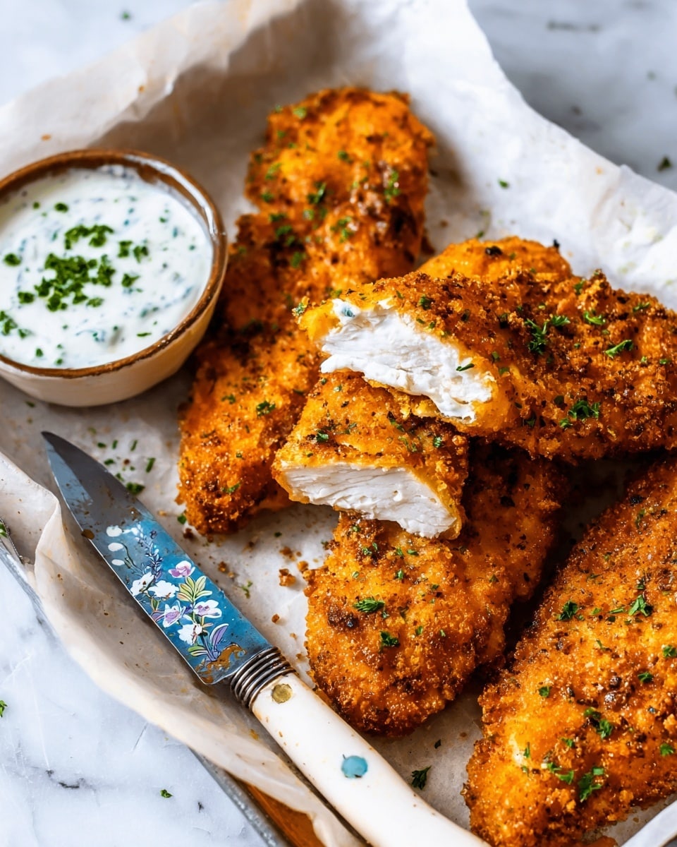 A close-up view of five golden-brown fried chicken breasts with a crispy, textured crust sprinkled with coarse salt and green herbs. One piece is cut open, showing juicy, white meat inside. The chicken rests on light brown parchment paper inside a baking tray. Near the top right corner, a small white bowl with a creamy white sauce topped with green herbs is visible. The background is a white marbled texture. Photo taken with an iphone --ar 4:5 --v 7