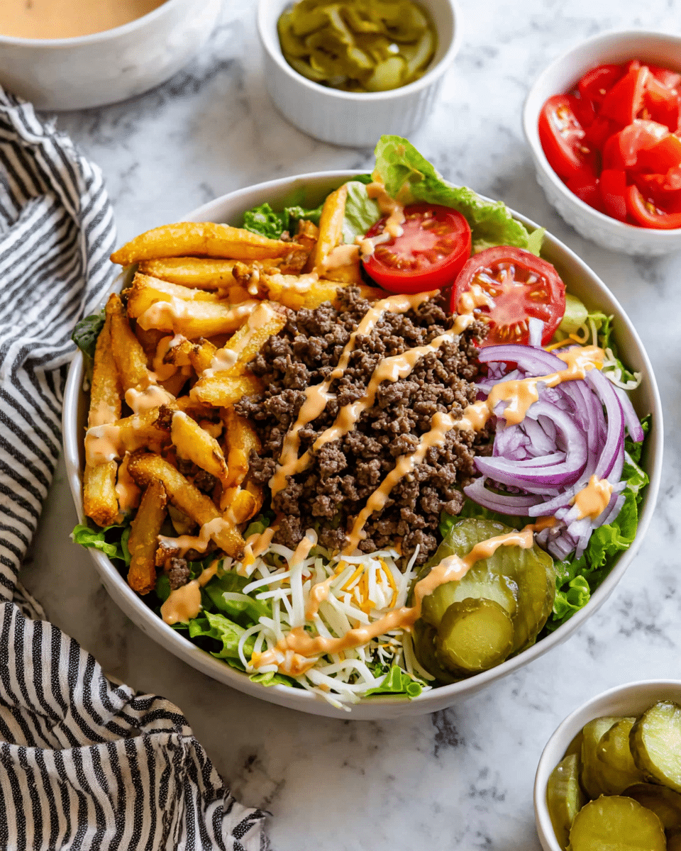 A white bowl filled with a colorful layered burger salad sits on a white marbled texture. The base layer is fresh green lettuce covering the bottom. On top, there are five sections: crispy golden French fries on the top left, bright red chopped cherry tomatoes below the fries, thin green pickle slices below the ground beef, a pile of browned ground beef with drizzled light pinkish-orange sauce in the center, thin purple onion rings on the top right, and a small pile of shredded yellow and white cheese next to the onions. The sauce is lightly drizzled over the fries, beef, tomatoes, pickles, and onion rings, creating a cohesive look. Photo taken with an iphone --ar 4:5 --v 7