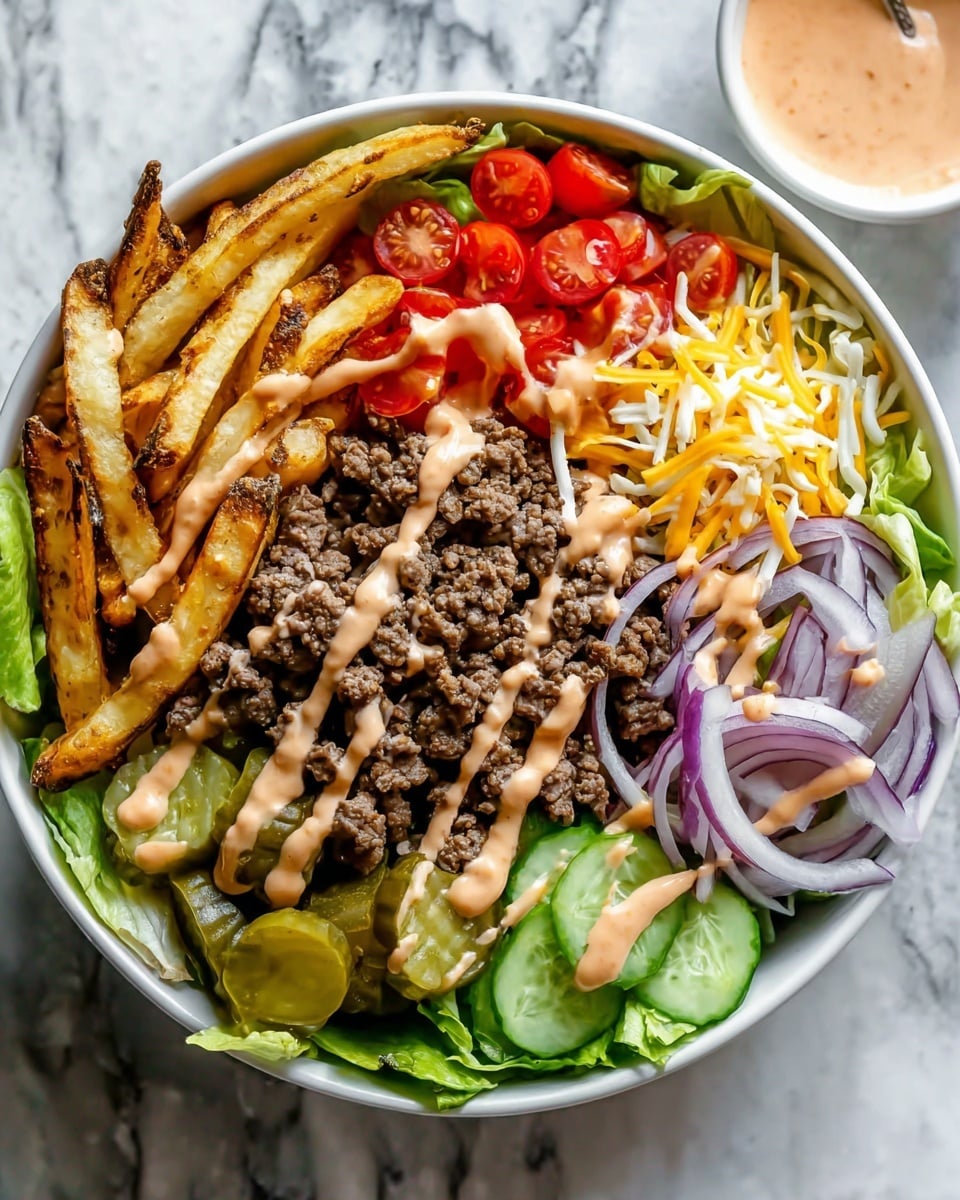 A white bowl filled with a layered dish starting with a base of fresh green lettuce at the bottom, topped around the edges with slices of red cherry tomatoes on the left, golden crispy fries on the top right, and thin purple onion rings on the right side. In the center, there is a mound of cooked brown ground beef drizzled with a light orange creamy sauce. Near the bottom left, pale green pickle slices are visible next to a pile of shredded white and yellow cheese. The bowl sits on a white marbled surface, with a striped cloth visible to the left and small white bowls containing red tomatoes, pickles, and onion slices around the main bowl. photo taken with an iphone --ar 4:5 --v 7