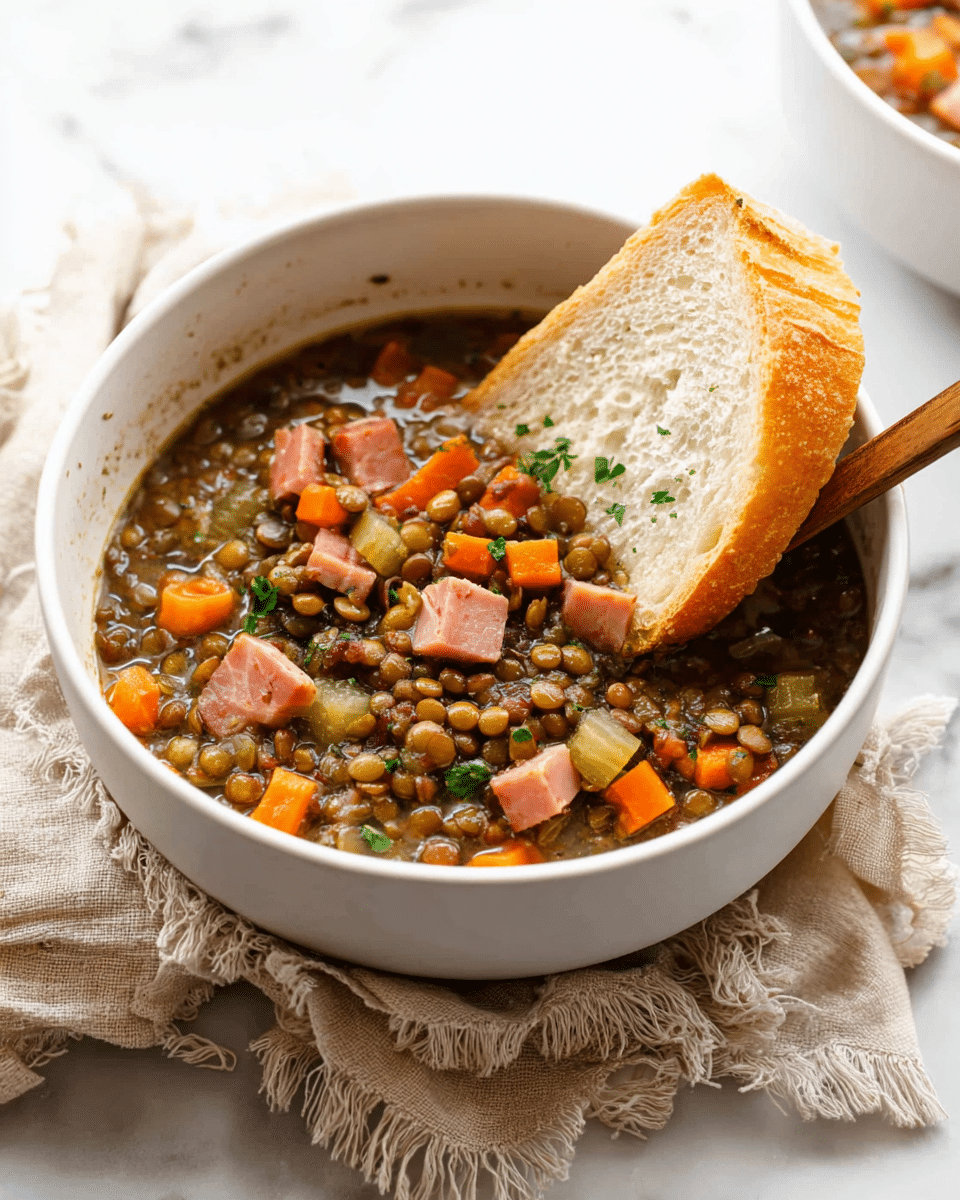 A white bowl filled with a hearty lentil soup featuring three visible layers: the base layer is a dark brown broth, partially covered with greenish lentils; the middle layer shows diced orange carrots and light green celery pieces scattered throughout; the top layer has chunks of pinkish ham and bits of chopped green herbs. A thick slice of light beige bread is partially dipped into the soup, resting inside the bowl on the right side. The bowl sits on a soft beige cloth with fringes, all placed on a white marbled surface. Photo taken with an iphone --ar 4:5 --v 7