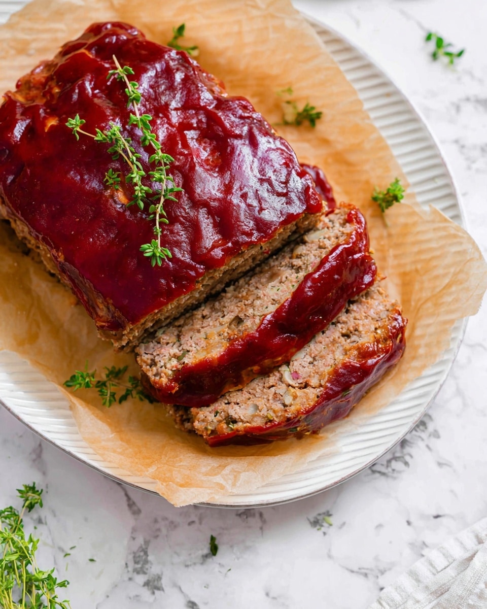 A white plate holds two thick slices of meatloaf topped with a shiny red sauce, placed side by side on the top half of the plate. Below them is a serving of creamy mashed potatoes, textured with small lumps, with a square pat of melting butter in the center, sprinkled with black pepper and green herbs. The plate is set on a white marbled surface, with a grey and white striped cloth partially visible on the lower right side and a sprig of fresh green herbs on the lower left. Photo taken with an iphone --ar 4:5 --v 7