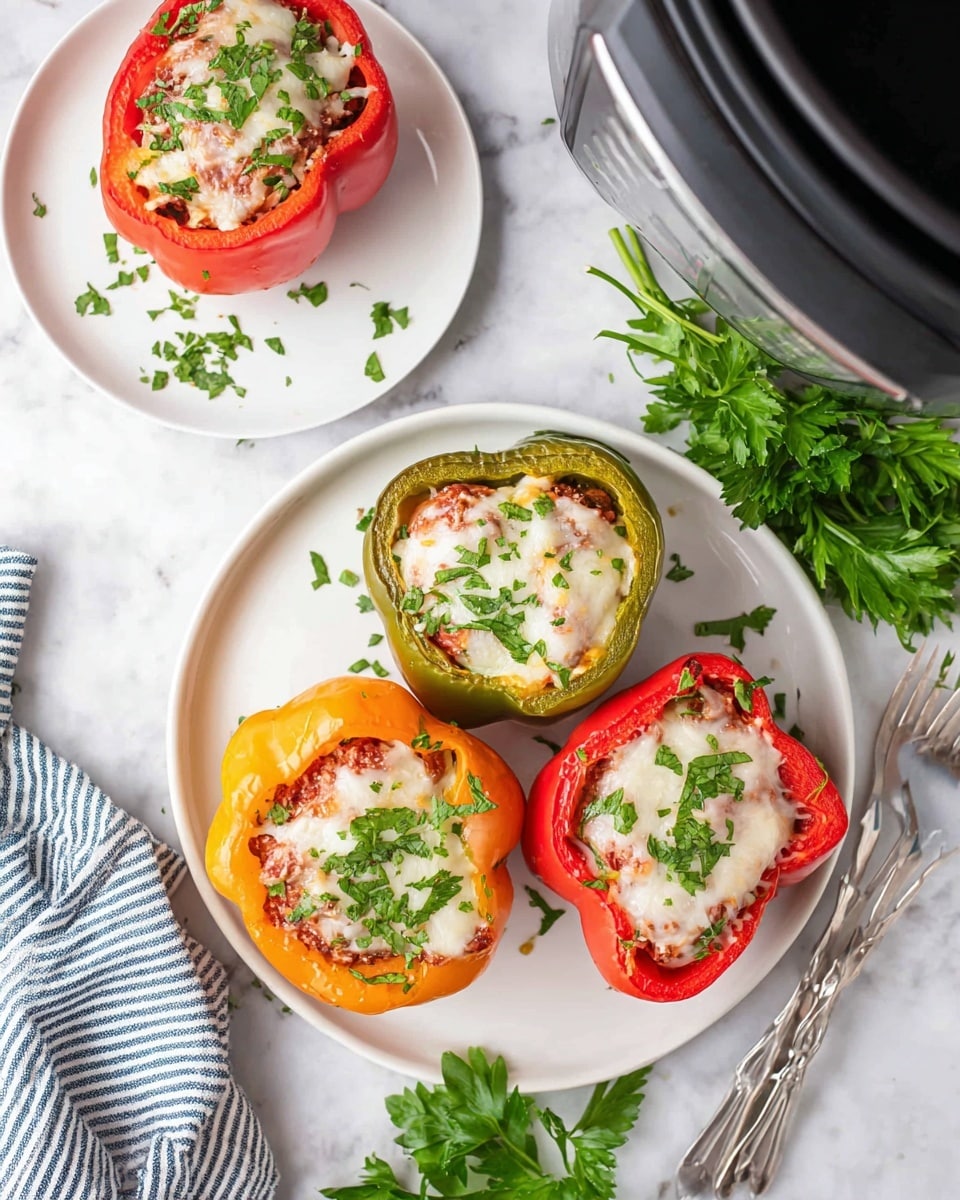 The image shows three stuffed bell peppers placed on a white plate on a white marbled surface. Each pepper has a different color: green, orange, and red. They are filled with a cooked mixture topped with melted white cheese, which is slightly browned in spots, and sprinkled with finely chopped green herbs. A fourth stuffed red bell pepper is on a separate white plate near the top left corner. Fresh green parsley lies between the plates near a black cooking appliance, and a silver fork is placed to the right of the main plate, with a folded blue and white striped cloth napkin visible on the left side. photo taken with an iphone --ar 4:5 --v 7