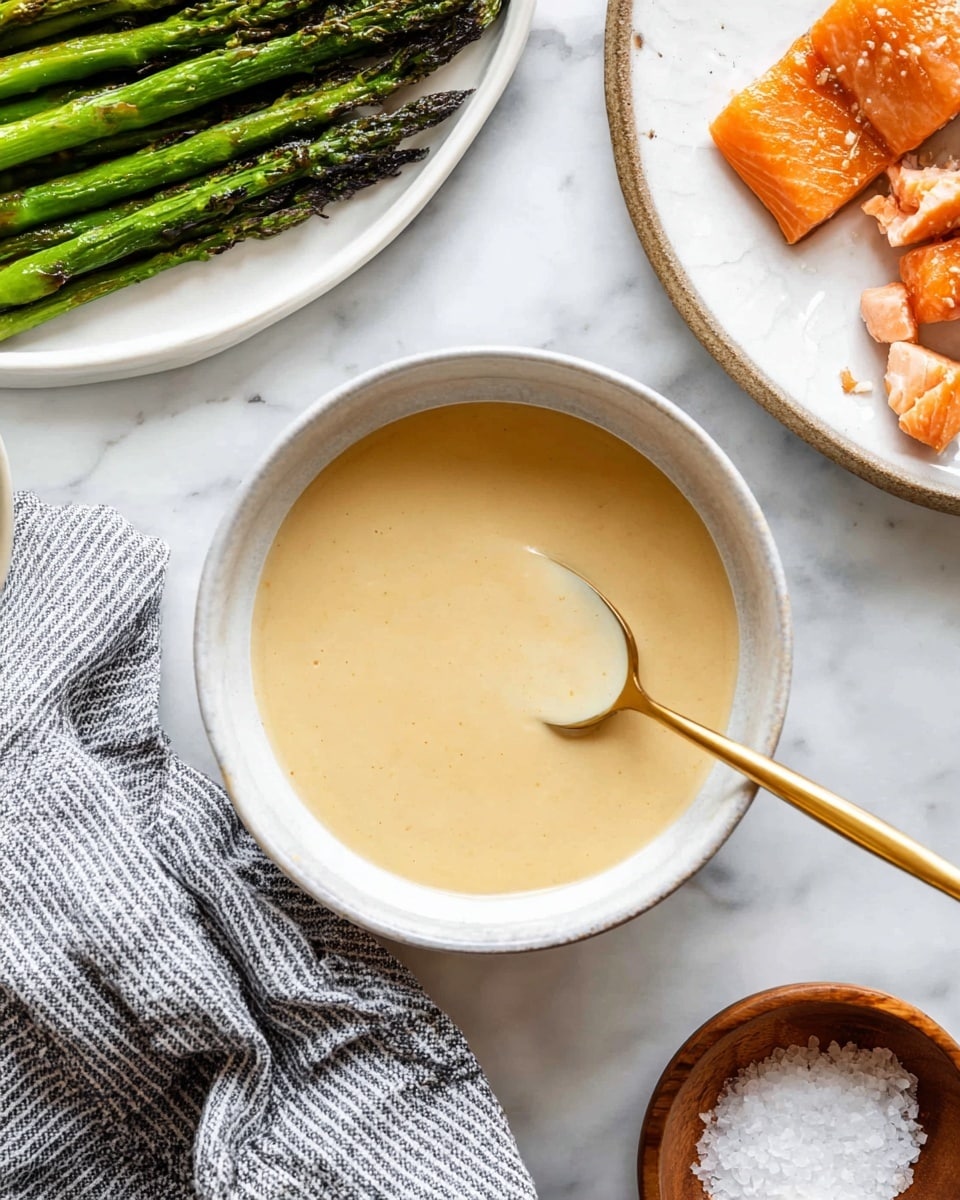 A white plate holds a golden-brown piece of cooked salmon on the left, with a creamy white sauce being poured over it from a gold spoon above. To the right of the salmon, there are several charred green asparagus stalks with a slight shine, some sauce drizzled on and around them. The plate sits on a white marbled surface, and part of a woman's hand holding the spoon is visible on the left side. photo taken with an iphone --ar 4:5 --v 7