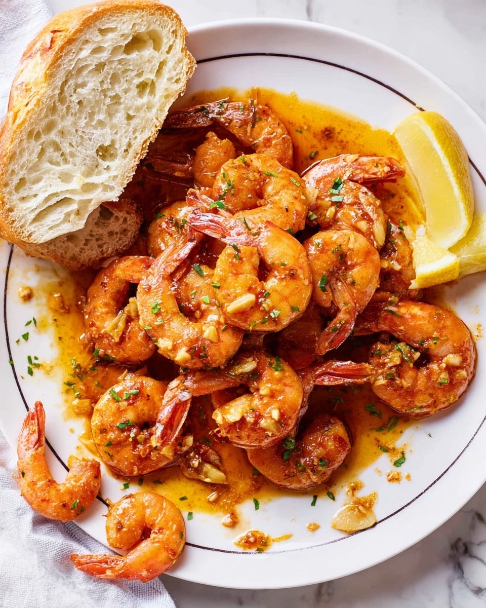 A white plate with a circle of thin black lines holds a pile of cooked shrimp coated in a glossy, orange-brown garlic butter sauce with small bits of garlic visible on the shrimp. The shrimp are stacked in a loose mound in the center of the plate. On the top left edge of the plate, there is a thick slice of crusty bread with a golden crust and soft white interior. Two lemon wedges, one on the left and one on the right side of the shrimp, add pops of bright yellow color. Some loose shrimp shells are scattered on the plate near the bottom left. The plate rests on a white marbled texture surface. photo taken with an iphone --ar 4:5 --v 7