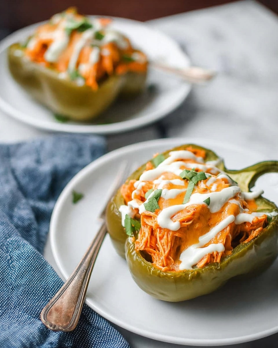 The image shows two stuffed green bell pepper halves placed on white plates over a white marbled surface with a blue cloth nearby. Each pepper is filled with a thick layer of shredded orange chicken mixed with melted cheese. On top, there are thin white sauce drizzles and small green herb garnishes. The peppers have a slightly shiny, cooked texture with soft, tender edges. One of the white plates also holds a vintage silver fork resting beside the stuffed pepper. Photo taken with an iphone --ar 4:5 --v 7