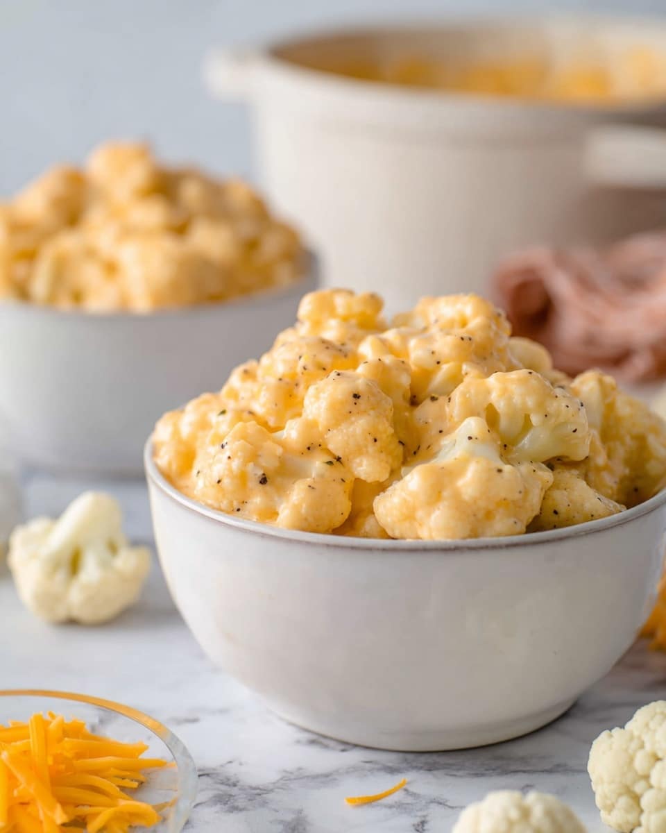 A close-up of a white bowl filled with creamy cauliflower cheese salad, showing chunky pieces of cauliflower covered in a thick, light orange, slightly grainy cheese sauce with visible black pepper specks; in the background are two more white bowls with more salad and blurred containers of cheese and sauce, all placed on a white marbled surface with a few small cauliflower florets and thin cheese slices scattered nearby. photo taken with an iphone --ar 4:5 --v 7