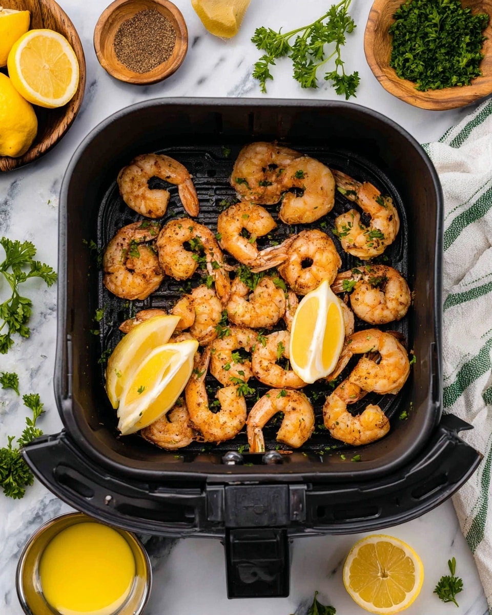 The image shows a black air fryer basket filled with cooked shrimp that are orange-pink with slightly browned edges, arranged in a single layer. There are three lemon wedges placed on top and around the shrimp, adding yellow brightness and some green parsley leaves sprinkled evenly across. The air fryer is on a white marbled surface with small wooden bowls containing brown seasoning and green chopped herbs nearby, along with scattered fresh parsley leaves and extra lemon wedges. A small metal bowl with yellow melted butter is also visible, and a white and green striped cloth partially covers the corner of the surface. Photo taken with an iphone --ar 4:5 --v 7