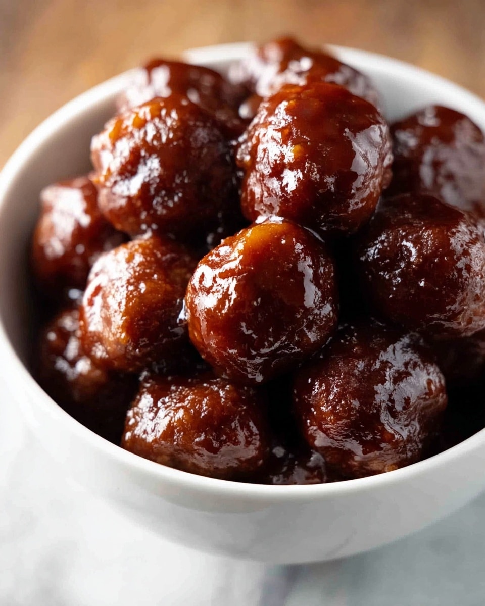 A white bowl filled with many round meatballs that are covered in a shiny, dark brown sauce. The meatballs are piled closely together, showing a glossy texture from the sauce that looks sticky and rich. The background is a white marbled surface, which contrasts with the dark meatballs, making them stand out clearly. photo taken with an iphone --ar 4:5 --v 7