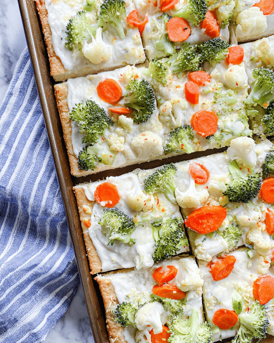 The image shows a rectangular vegetable pizza cut into square slices on a baking tray next to a blue and white striped cloth. The pizza has three visible layers: the bottom crust is a light golden brown, the middle layer is a smooth white creamy sauce spread evenly, and the top layer consists of fresh broccoli florets, small cauliflower pieces, and thin round carrot slices scattered generously. The vegetables add green, white, and orange pops of color, contrasting with the white sauce and crust. The surface underneath is a white marbled texture. Photo taken with an iphone --ar 4:5 --v 7