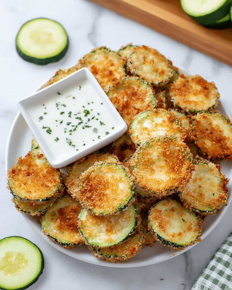 A white plate filled with a pile of golden-brown breaded and fried zucchini slices, showing a crispy texture with green edges from the fresh zucchini skin. Next to the zucchini is a small white square bowl of creamy white dipping sauce sprinkled with small green herbs on top. Around the plate, fresh green zucchini slices with pale centers are placed on a white marbled surface, and a wooden cutting board holding more zucchini slices is visible in the background. photo taken with an iphone --ar 4:5 --v 7
