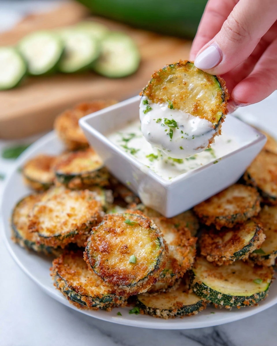 A woman's hand is holding a crispy fried zucchini slice partially dipped in a creamy white sauce with green herb flakes on top. The zucchini slices are round with a golden brown, crunchy coating on the outside and visible green rind around the edges. They are piled on a white plate in the background. The creamy sauce is served in a small white square dish placed on the same white plate. Sliced raw zucchinis are visible blurred in the background on a wooden board and on a white marbled surface. Photo taken with an iphone --ar 4:5 --v 7