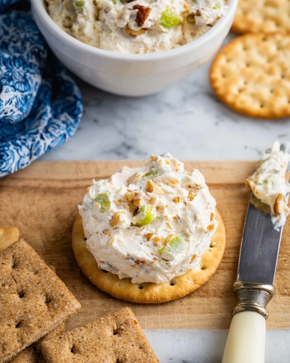 A single layer of a round, golden cracker topped with a thick, creamy white spread mixed with small chopped nuts and green pepper pieces, creating a slightly rough texture with visible chunks. On the side, two rectangular whole-grain crackers with a grainy surface and one more round cracker appear on a white marbled surface. A silver knife with a cream handle rests flat, coated lightly with the same creamy spread. In the top part of the image, a white bowl filled with more chunky creamy spread is partly visible, with a blue and white cloth napkin beside it. photo taken with an iphone --ar 4:5 --v 7