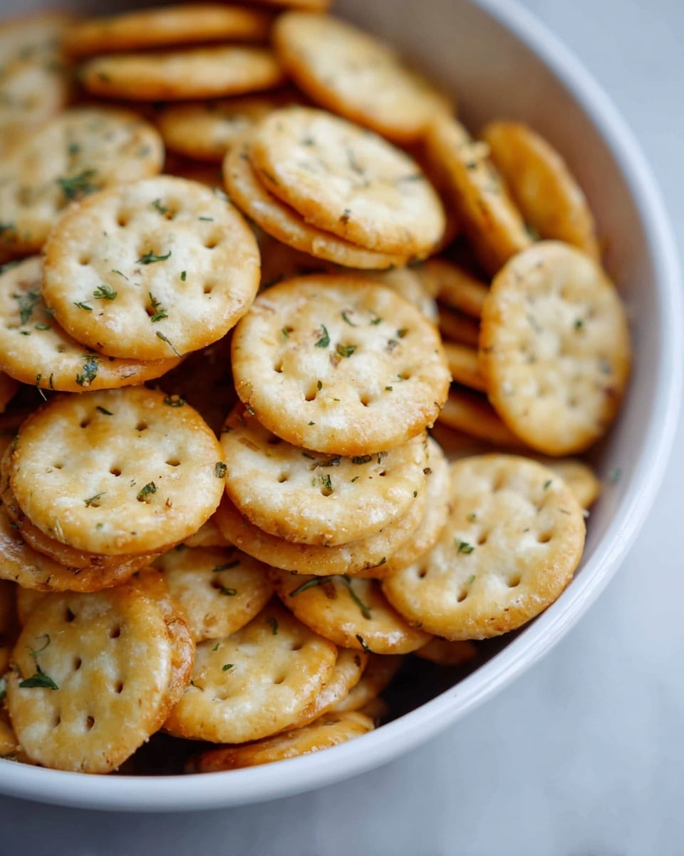 A close-up view of a white bowl filled with many round, golden-brown sandwich crackers. Each cracker has a light, crispy texture with small holes on the top and a visible creamy filling inside. The crackers look lightly seasoned, showing small green herb specks sprinkled all over them. The bowl sits on a white marbled surface. photo taken with an iphone --ar 4:5 --v 7