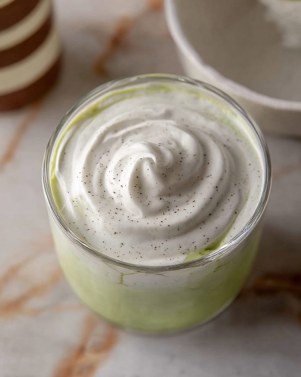 A close-up top view of a glass filled with a drink that has two distinct layers: a light green liquid at the bottom and a thick, white cream with small black specks swirled smoothly on top. The glass sits on a surface with a white marbled texture. In the blurred background, parts of a curved white bowl and a white and brown striped object are visible. Photo taken with an iphone --ar 4:5 --v 7