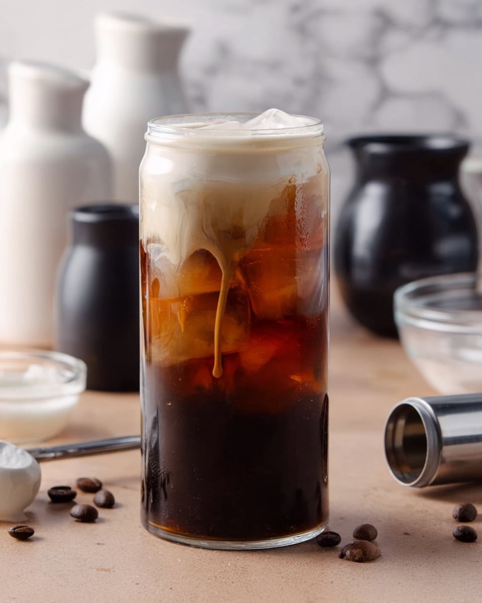 A tall clear glass shaped like a soda can holds a dark iced coffee filled with large ice cubes that are a mix of amber and clear colors; the bottom layer is deep brown, while the middle layer shows lighter brown blending around the ice. On top, there is a thick layer of creamy white foam that gently drips slightly down one side of the glass. The glass sits on a light brown surface with small coffee beans scattered around with a silver frother beside it. In the blurred background, there are white ceramic containers, a black coffee cup, and a clear glass bowl on a white marbled texture. photo taken with an iphone --ar 4:5 --v 7