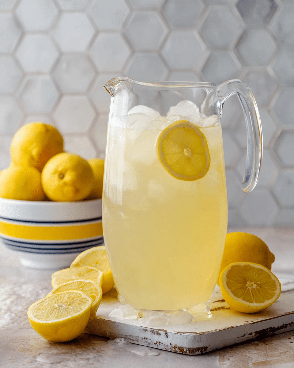 A clear glass pitcher filled with pale yellow lemonade and ice cubes stands on a white rustic wooden board, with a thin lemon slice floating inside near the top. Around the pitcher are several bright yellow whole lemons and a lemon half showing its juicy interior. Behind, a white bowl with colorful stripes filled with more lemons can be seen, all set against a white marbled hexagonal tiled background. The pitcher has a smooth, curved handle and the light reflects softly off the glass surface. photo taken with an iphone --ar 4:5 --v 7